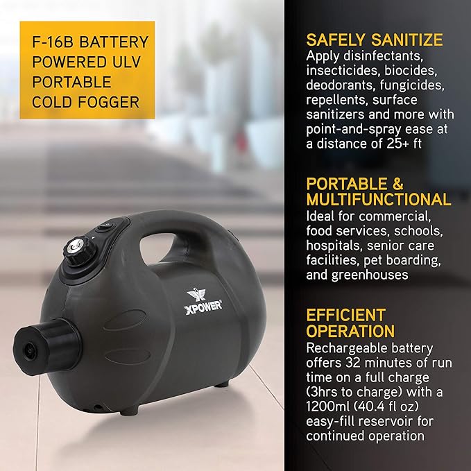 XPOWER Ultra Low Volume Commercial 29.4-Volt Lithium-Ion Cordless Electric Cold Fogger with 135 W-h Battery and Charger F-16B