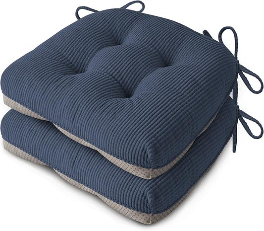 Indoor Kitchen Chair Cushions Set of 2 18"X16.5"X3" Soft Anti Slip Dining Chair Pads Tufted Kitchen Seat Cushion with Ties, Blue