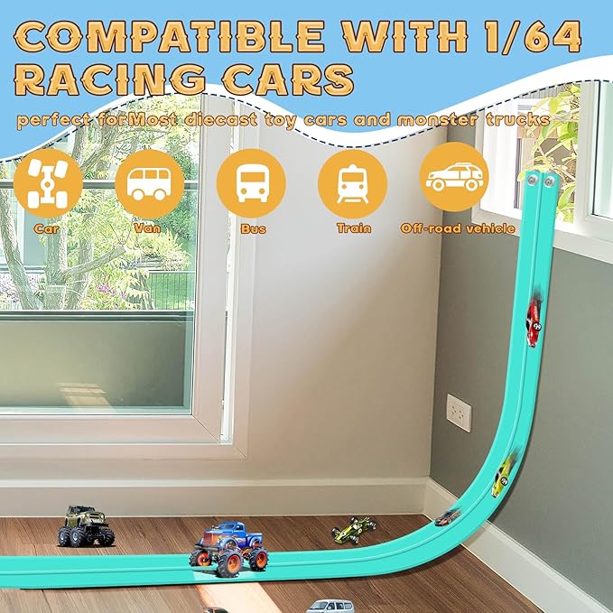 Flex Track 15 Ft Starter Set, Flexible Race Car Ramp Track for Ages 3 & Up with Suction Cups Compatible with Diecast 1/64th Cars