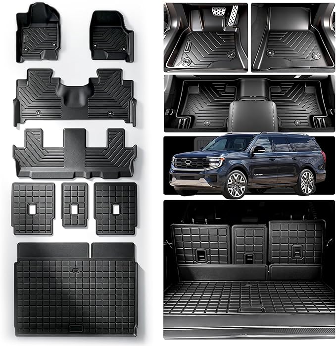 Floor Mats for 2025 2026 Ford Expedition MAX 8 Seats (2nd Row Bench Seat) & Cargo Mat & Backrest Mat, TPE All Weather Protection Car Full Set Mats Covering The Backrest Accessories