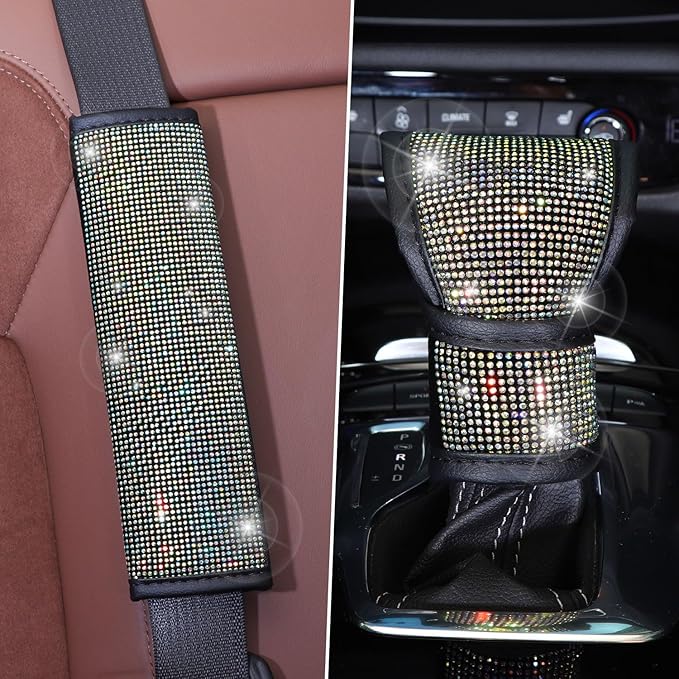 Bling Steering Wheel Cover Set 15 inch,7 Pack Crystal Diamond Rhinestone Car Accessories with Bling Seat Belt Cushion,Gear Shift Cover,Push Start Button Ring, Car Coaster,Multicolor