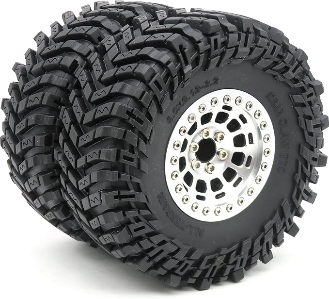 HOBBYSOUL 2.2 Tires Height 5.0'' (with Foam) & 2.2 Beadlock Wheels Silver for RC Mud Crawler Trail Gen8 Everest gen 7 Pro/Axial Capra Wraith / TRX4, (4-Pack, Assembled)