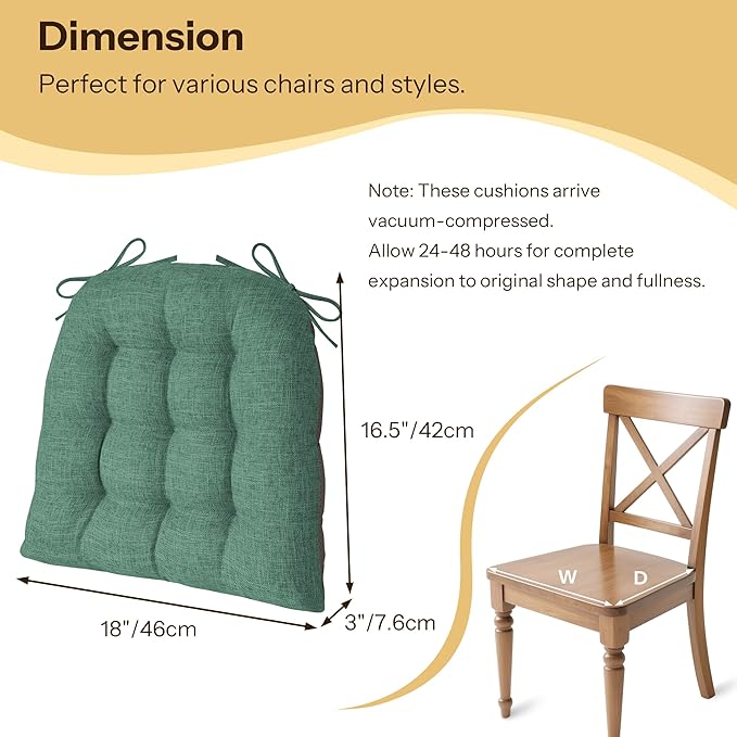 Chair Cushions for Dining Chairs Set of 4 Durable D-Shaped Seat Cushions with Non-Slip Backing Secure Ties Thick Cozy Seat Pad for Kitchen Dining Room Office(18x16.5x3in Green)
