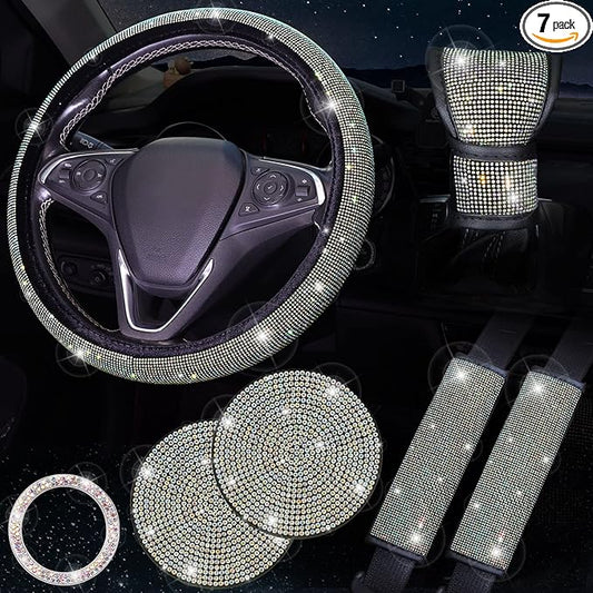 Bling Steering Wheel Cover Set 15 inch,7 Pack Crystal Diamond Rhinestone Car Accessories with Bling Seat Belt Cushion,Gear Shift Cover,Push Start Button Ring, Car Coaster,Multicolor