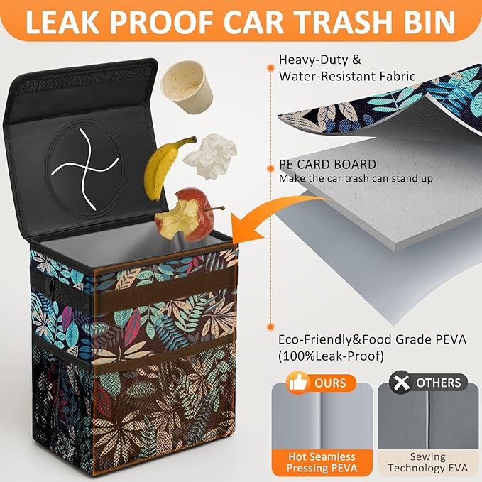 Vankor Car Trash Can for Car Cute, Bag Bin Hanging Waterproof Automotive Garbage Cans Leak Proof Vehicle Trash Can Colorful Leaves