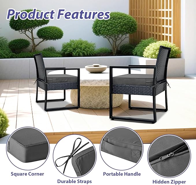 IPYNBAP Outdoor Chair Cushions Set of 4 -Waterproof Outdoor Seat Cushions for Patio Furniture, Patio Chair Cushion with Handle and Ties, Out Door Chair Pads,17x16x2-Square, Dark Grey