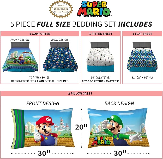 Super Mario Kids Full Size Bedding, 5 Piece Super Soft Cozy Reversible Comforter and Sheet Set, (Officially Licensed Product) By Franco