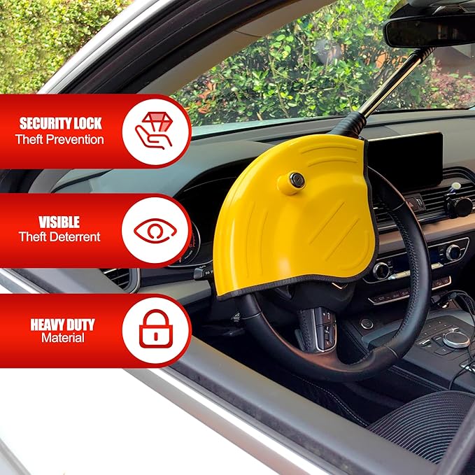 KAYCENTOP Universal Steering Wheel Lock Anti-Theft Car Devices Half Cover, Security Wheel Locks for Car, Adjustable Car Wheel Lock Fit Most Vehicle, Great Deterrent Yellow