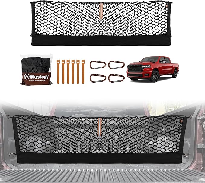 Muslogy Truck Bed Cargo Net Trunk Netting Compatible with Dodge Ram 1500 2019-2025 2026 Accessories, Pickup Cargo Organizer SUV Sedan Storage Net w/Heavy Duty Carabiners