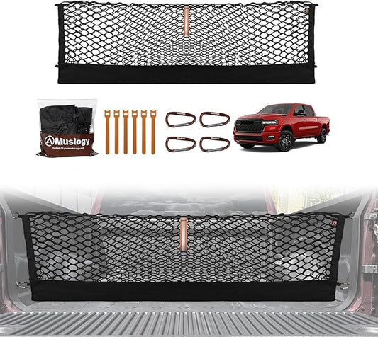 Muslogy Truck Bed Cargo Net Trunk Netting Compatible with Dodge Ram 1500 2019-2025 2026 Accessories, Pickup Cargo Organizer SUV Sedan Storage Net w/Heavy Duty Carabiners