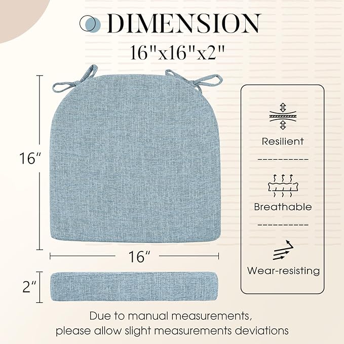 Basic Beyond Chair Cushions for Dining Chairs 4 Pack, Kitchen Chair Cushions with Ties and Non Slip Backing, 16 x 16 inches Chair Pads for Dining Chairs (Baby Blue)