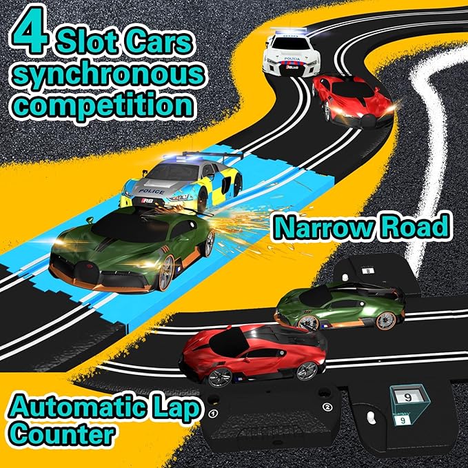 AGM MASTECH 18.7ft Slot Car Race Track Set,4 Official Licensed Light-Up Cars, Steering Wheel&Paw Controllers, Adjustable Speed, 4 Flashing Loop Tracks, Dual Power Modes, for Kids 8+, Family Racing Fun