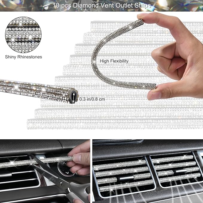 CAR PASS 34 PCS Bling Diamond Car Accessories Set for Women, Leather Car Seat Covers Steering Wheel Covers 15'', USB Charger Phone Holder Shining Rhinestone Sparkly, Cute Interior Decorations, Silver