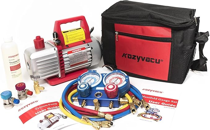 AUTO AC Repair Complete Tool Kit with 1-Stage 3.5 CFM Vacuum Pump, Manifold Gauge Set, Hoses and its Acccessories