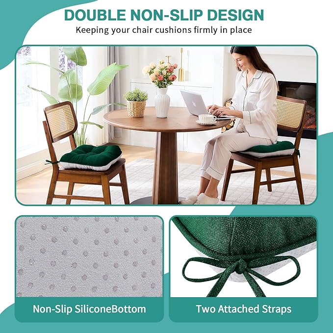 BETU Chair Cushions for Dining Chairs Set of 4,3.5" Thick Kitchen Table Chair Pads with Ties,Non Slip Backing and Covers, Seat Cushion for Dining Room,Bar,Patio Chairs,15.5"X15.5"X3.5",Dark Green
