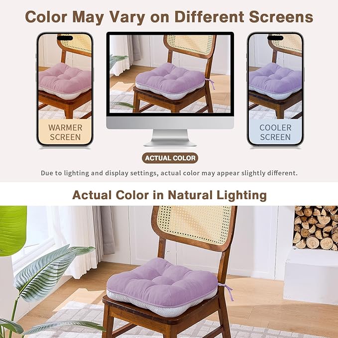 BETU Chair Cushions for Dining Chairs Set of 4,3.5" Thick Kitchen Table Chair Pads with Ties,Non Slip Backing and Covers, Seat Cushion for Dining Room,Bar,Patio Chairs,15.5"X15.5"X3.5",Purple