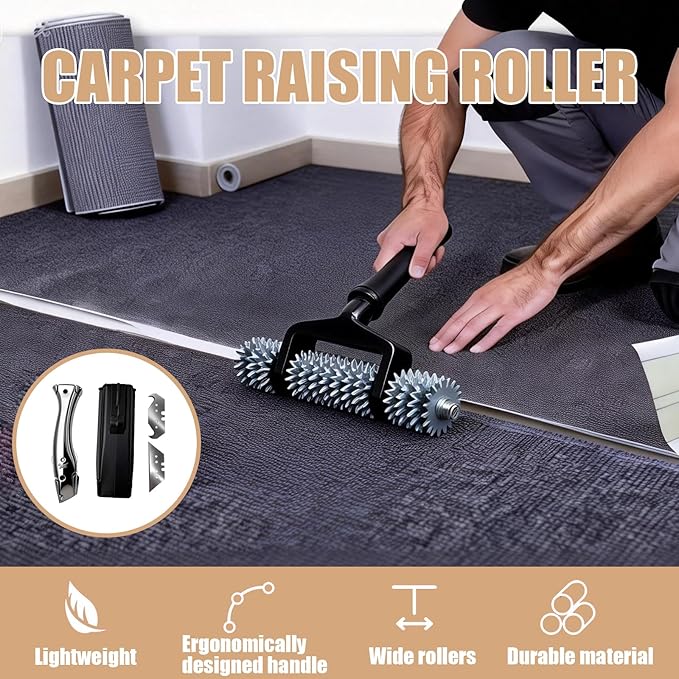 Carpet Patch Repair Kit with 5-Inch Star Wheel Seam Roller, 30ft Double-Sided Carpet Joining Tape and Fixed Blade Roofing Knife, DIY Carpets Repair Kit for Carpet Maintenance Tasks