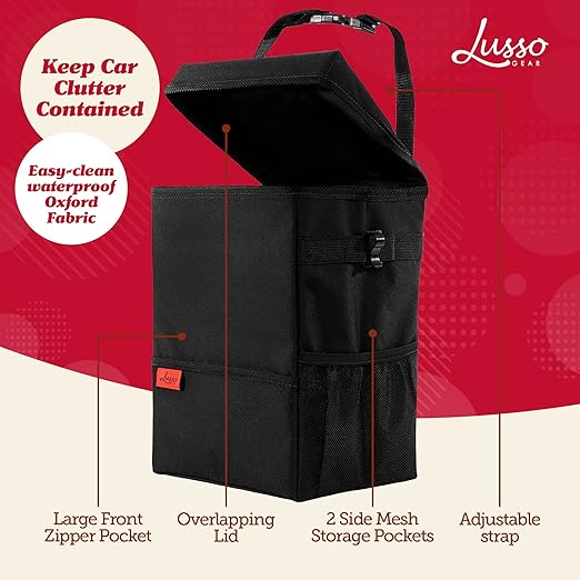 Lusso Gear Car Trash Can, 3.5 Gallon Capacity, Brown Color, Manual-Lift Opening Mechanism