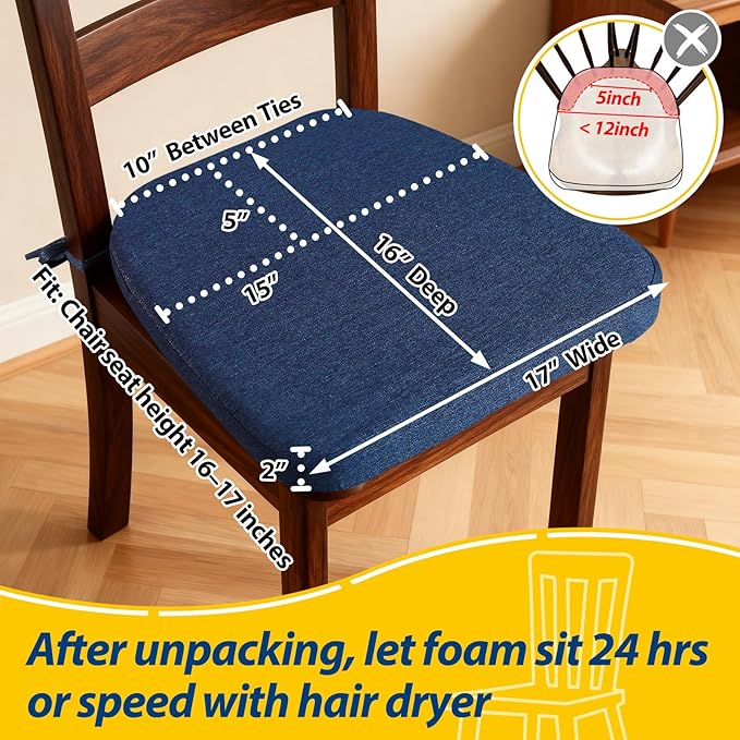 AAAAAcessories D-Shaped Chair Cushions, 2" Thick Dining Chair Pads with Ties and Removable, Machine-Washable Cover, 17" x 16", Set of 2, Blue