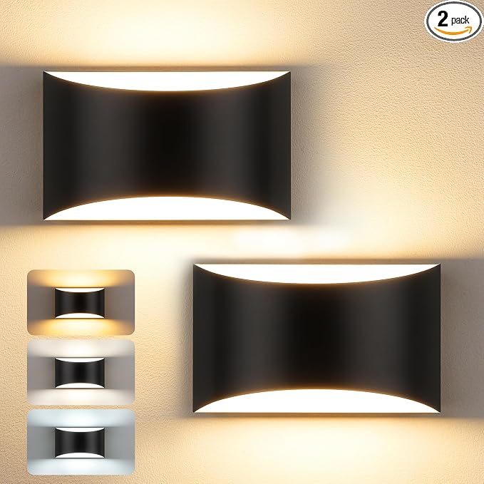MATAMEYE Modern LED Wall Sconce Set of 2, Large Matte Black Indoor Wall Lighting Fixture with 3 Colors Temperatures, 10W Up/Down Hardwired Wall Mount Lamp for Bedroom Living Room
