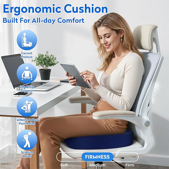 XXL Seat Cushion Office Car Seat Cushion, Memory Foam Cushion for Office Chair, Car Seat, Airplane, Bleacher Non-Slip Chair Pad, Butt Pillow for Desk, Wheelchair, Car (Blue)