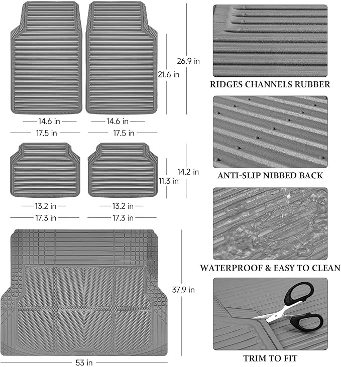 CAR PASS Gray Rubber Car Floor Mats & Cargo Liners, All Weather Car Mats & Trunk Mats,Waterproof Automotive Floor Mats Trim to Fit for Most Cars Sedans SUVs Vans, Durable Heavy Duty Anti-Slip, Gray