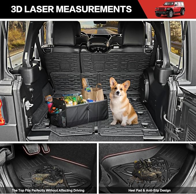 Cargo Mat Floor Liner Compatible with 2018-2025 Jeep Wrangler JL Unlimited 4 Door, Seat Back Cover Cargo Liner Rear Floor Mat for 2024 Jeep Wrangler JL/JLU Accessories