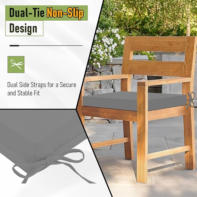 Basic Beyond Outdoor Chair Cushions Set of 6, Square Corner Outdoor Cushions for Patio Furniture, Water Resistant Patio Chair Cushions with 2 Ties, 18.5x16x3, Light Grey