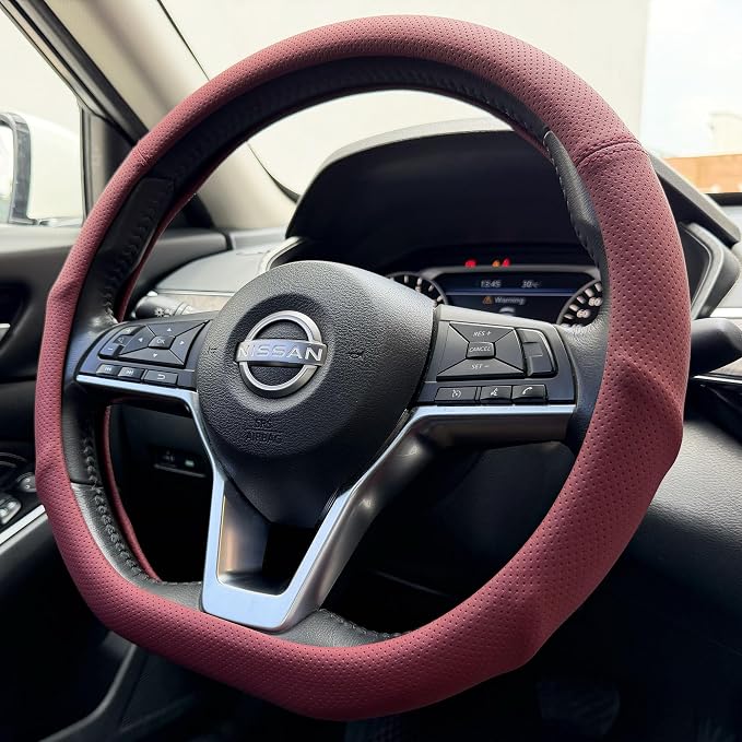 PINCTROT D Shaped Nappa Leather Steering Wheel Cover with Ergonomic Palm Support Grip, Full Perforated Breathable, Slim Fit No Bulk Design, Flat Bottom 14.5-15 Inch (Burgundy Red)