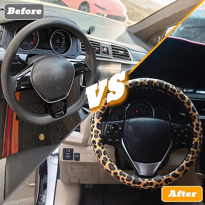 Universal Leather Leopard Cheetah Steering Wheel Cover Women 14.5-15 inch Leopard car Accessories Western Anime Brown Cute Wheel Cover Hip Hop Anti-Slip Car Protecter for Men