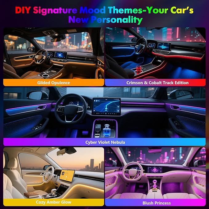 Dreamcolor Acrylic Car Ambient Lighting Kit 14 in 1 LED Interior Car Strip Lights APP Control Zoned Control System 252 Color Modes DIY Neon Wireless Sound Activated RGB Neon Light Kits New Version
