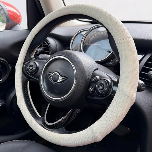 PINCTROT Nappa Leather Steering Wheel Cover with Ergonomic Palm Support Grip, Full Perforated Breathable, Slim Fit No Bulk Design, Universal 14.5-15 Inch (Cream White)