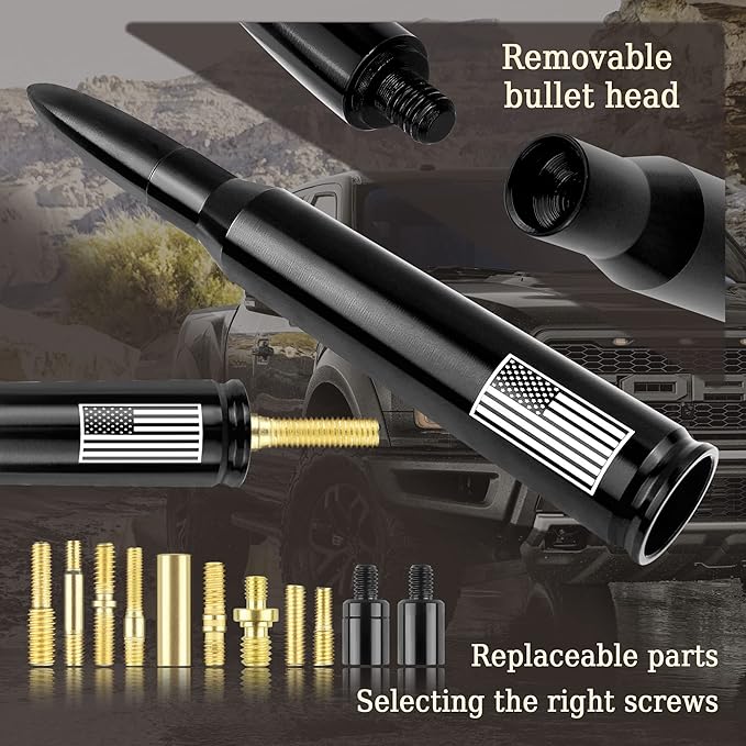 Car Bullet Antenna,Truck Exterior Decoration Accessories Car Vehicle Replacement Antenna Conpatible with Ford F150 RAM 1500 GMC Heavy Duty Pickup Trucks Accessories (New Upgrade Black-U.S. Flag)…