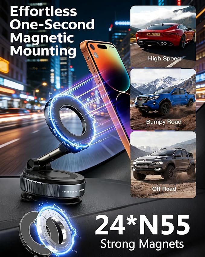 Vacuum Magnetic Car Phone Holder, 2800gf Strong Magnet 360° Rotatable Suction Cup Mount for Dashboard Windshield Rearview Mirror, Universal MagSafe Car Mount for iPhone Android, Black