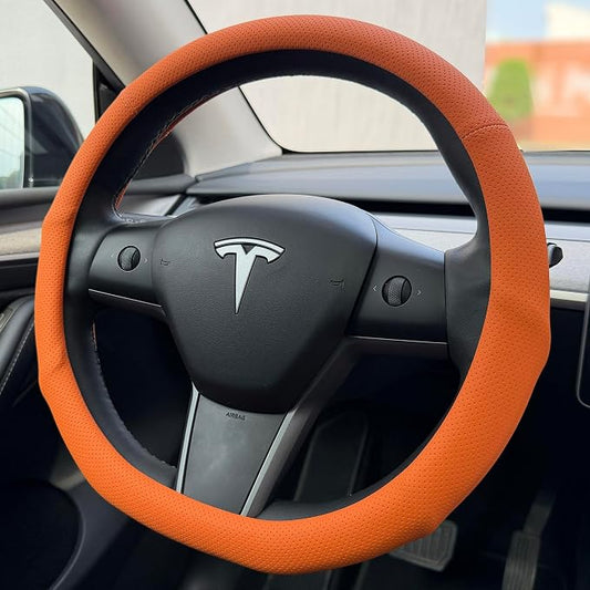 PINCTROT Supported Grip Nappa Leather Steering Wheel Cover for Tesla Model Y/3 Highland/Juniper, D Shaped 14 Inch Small Sized with Breathable Perforation, Flat Bottom 14 Inch(Hot Orange)