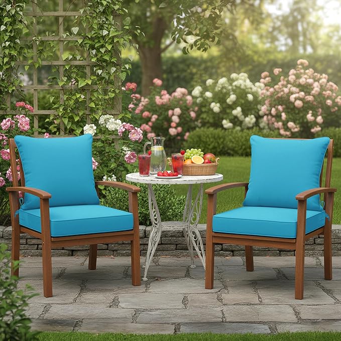 Summsun Outdoor Backrest and Deep Seat Cushion Set, Waterproof Fade Resistant Patio Chair Furniture Cushion with Removable Cover, 22 x 22 Inch, Teal, Set of 2