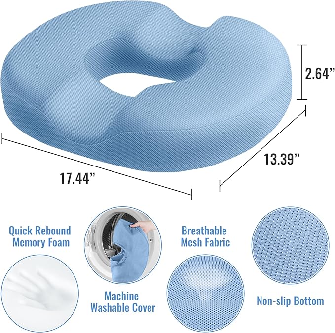 CloudBliss Donut Pillow Seat Cushion Chair Pad for Tailbone Pain Relief and Hemorrhoids, Memory Foam Cushion for Men and Women for Home & Office, Light Blue