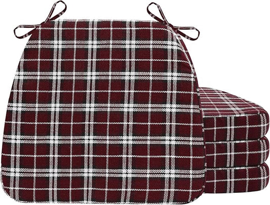 AAAAAcessories D-Shaped Chair Cushions, 2" Thick Dining Chair Pads with Ties and Removable, Machine-Washable Cover, 17" x 16", Set of 4, Red Checkered