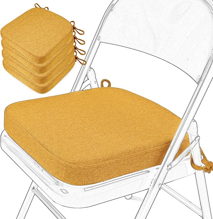 SINOSSO Memory Foam Chair Cushions for Folding Chairs 4 Pack, Thickened 2" Square Pads with Ties for Kitchen Chairs, Indoor Non-Slip Dining Chair Seat Cushions (Set of 4, Yellow)