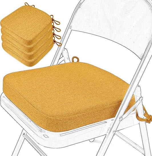 SINOSSO Memory Foam Chair Cushions for Folding Chairs 4 Pack, Thickened 2" Square Pads with Ties for Kitchen Chairs, Indoor Non-Slip Dining Chair Seat Cushions (Set of 4, Yellow)