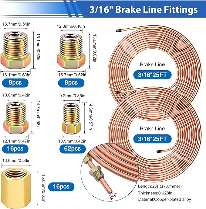 smseace 112Pack 3/16 Inch+3/16 Inch Double & Single Brake Line Flaring Tool Kit include 25 FT Copper-plated Brake Lines with Fittings,Union,Tubing Bender,Flare Tool,Cutter Brake Line Repair Kit