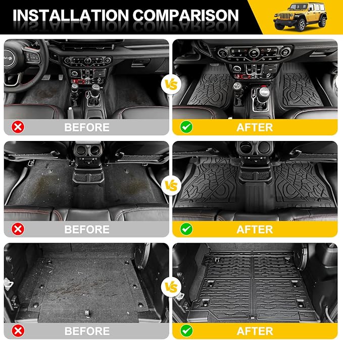 Cargo Mats for 2018-2025 Jeep Wrangler JL 4X4 Floor Liners with Trunk Mat All Weather TPE Protector Rear Floor Trunk Liners for 18-25 Wrangler JL 4X4 4 Door Accessories