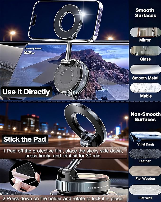 Vacuum Magnetic Car Phone Holder, 2800gf Strong Magnet 360° Rotatable Suction Cup Mount for Dashboard Windshield Rearview Mirror, Universal MagSafe Car Mount for iPhone Android, Black