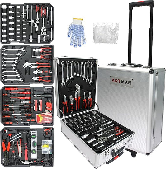 RYH 899pcs All-in-One Professional Tool Set & Rolling Tool Box Set - 4 Drawer Organizer Storage Case - Complete Home, Auto, Mechanic Tool Kit for DIY, Homeowner, Handyman Tool Set (899pcs+Silver)