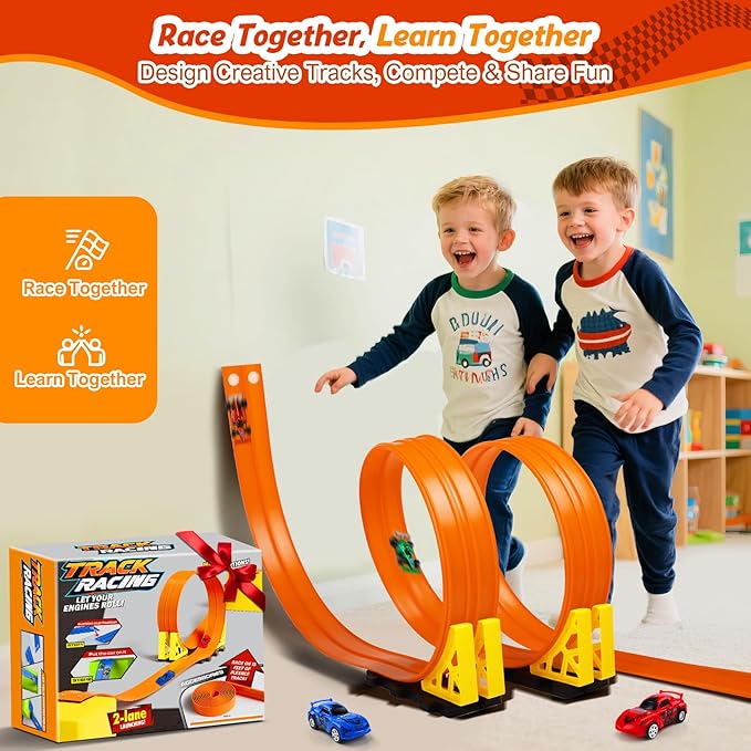 Flexible Race Track Toys for Kids: 15 Ft Rolls Up DIY Racetrack with 4 Cars & 10 Suction Cups - Compatible with Hot Wheels and Diecast 1/64th Cars - Birthday Gifts for Age 3-8 Years Old Boys Girls