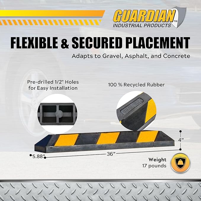 Guardian 2 Pack Parking Stop, 3 Foot Long Flexible Rubber Curb, Highly Visible Accessory with Mounting Holes for Job Sites and Garages, Black/Yellow