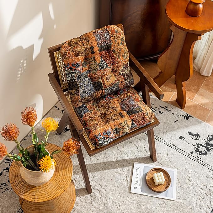 vctops Boho Paisley Chair Cushions with Ties Patchwork U-Shaped Soft Cozy Cotton Linen Chair Pads Non Slip Seat Cushions for Indoor Dining Room and Kitchen Chairs (Tan,18"x18")