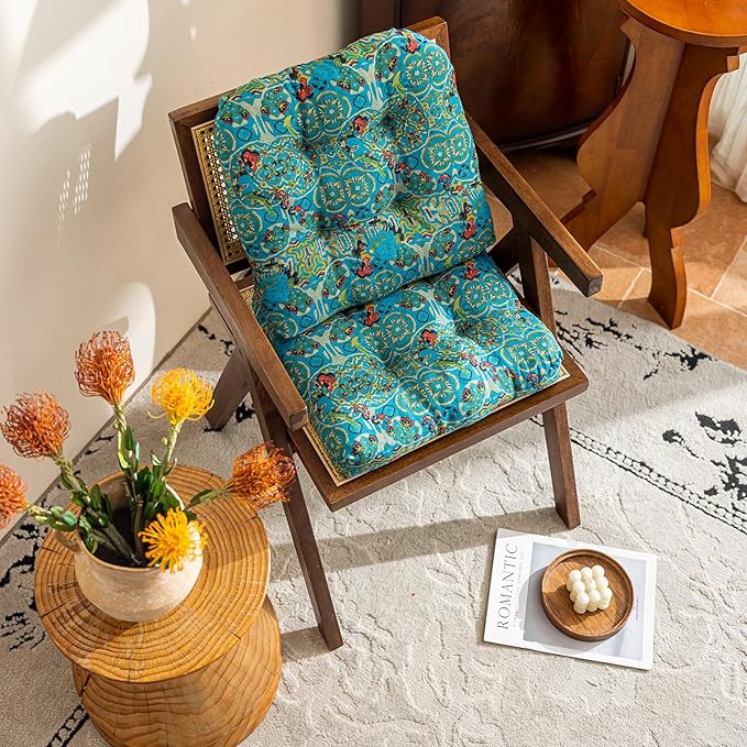 vctops Boho Geometric Chair Cushions with Ties U-Shaped Soft Cozy Cotton Linen Chair Pads Non Slip Seat Cushions for Indoor Dining Room and Kitchen Chairs (Turquoise,16"x16")