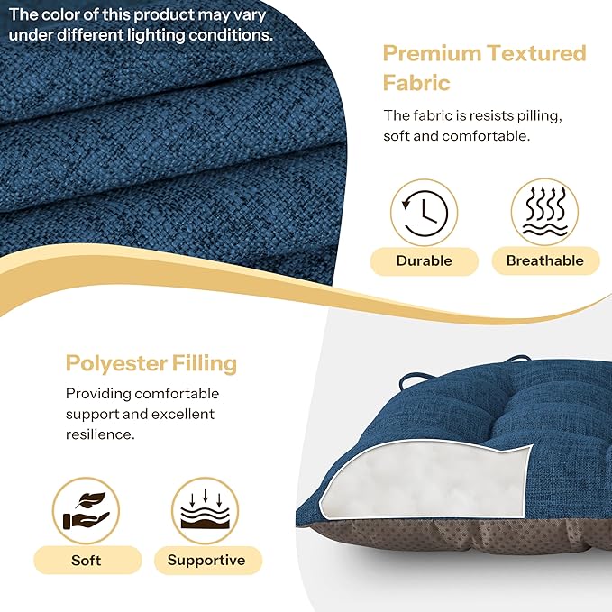 Chair Cushions for Dining Chairs Set of 4 Durable D-Shaped Seat Cushions with Non-Slip Backing Secure Ties Thick Cozy Seat Pad for Kitchen Dining Room Office(18x16.5x3in Navy)