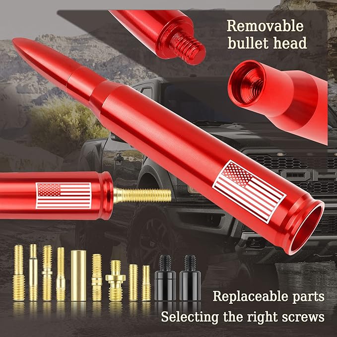 Car Bullet Antenna,Truck Exterior Decoration Accessories Car Vehicle Replacement Antenna Conpatible with Ford F150 RAM 1500 GMC Heavy Duty Pickup Trucks Accessories (New Upgrade Red-U.S. Flag)…